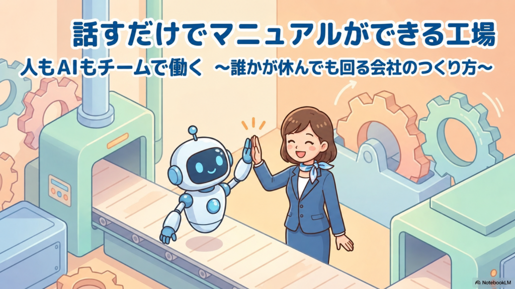 話した仕事の手順をAIが整理し、マニュアルのたたき台を作る流れを表したイラスト
